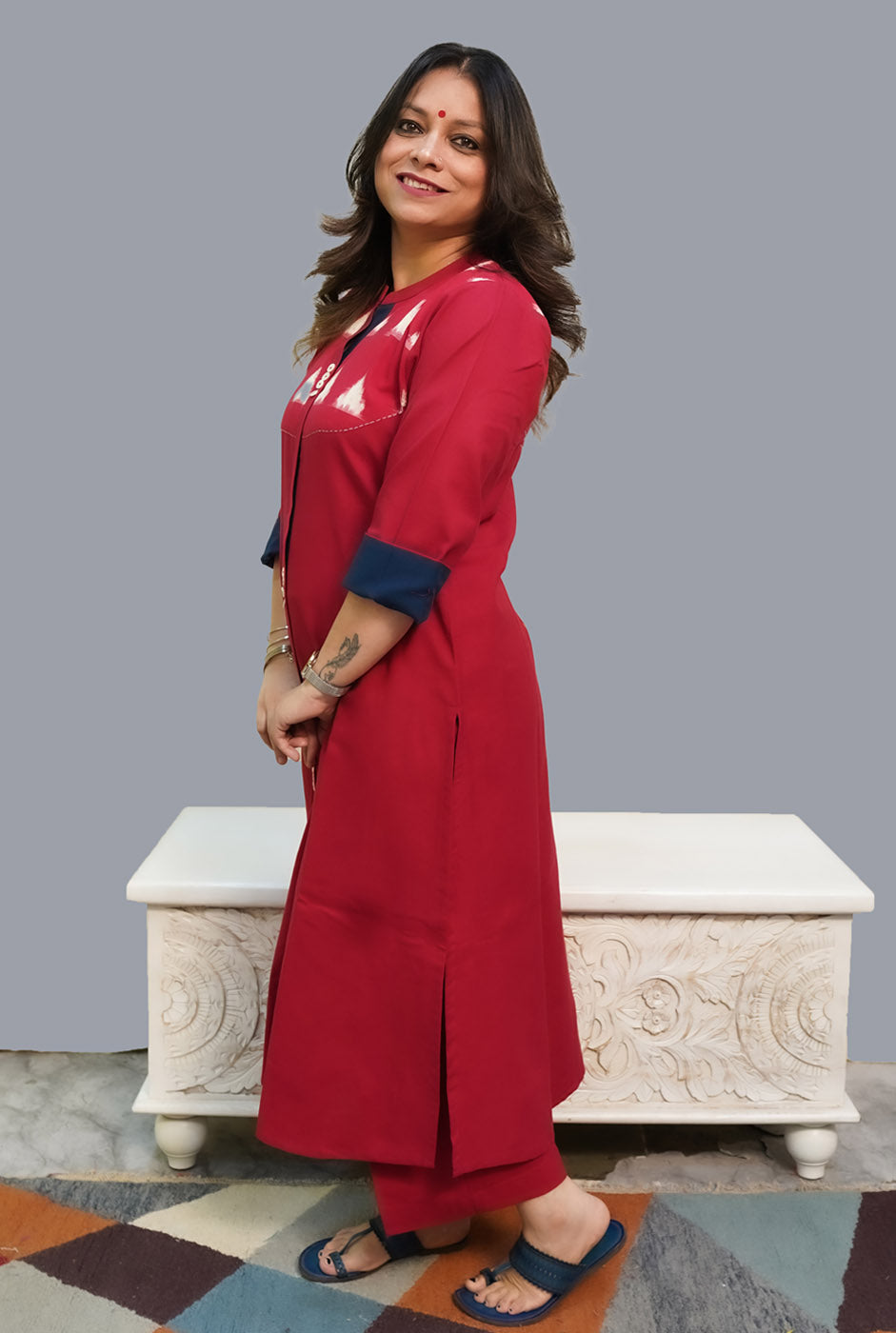 Red Handloom Cotton Kurti with Double Ikat Yoke