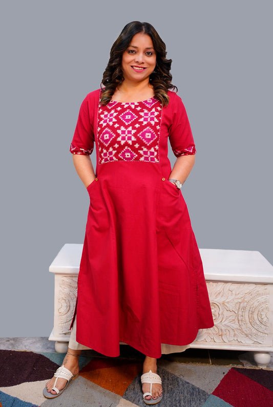 A Line Handloom Red Cotton Kurti With Ikat Yoke & Pockets