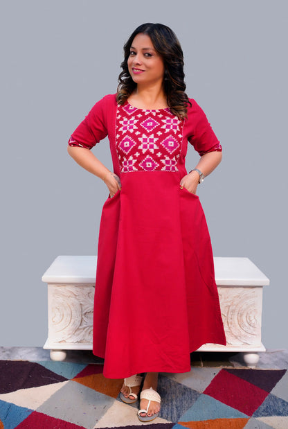 A Line Handloom Red Cotton Kurti With telia mull Yoke & Pockets