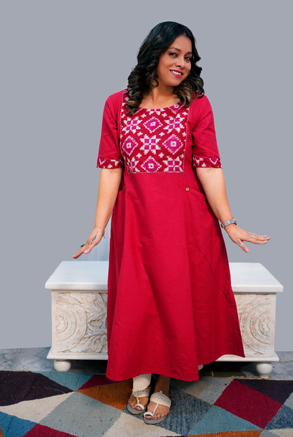 A Line Handloom Red Cotton Kurti With telia mull Yoke & Pockets