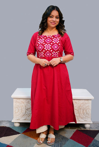 A Line Handloom Red Cotton Kurti With telia mull Yoke & Pockets