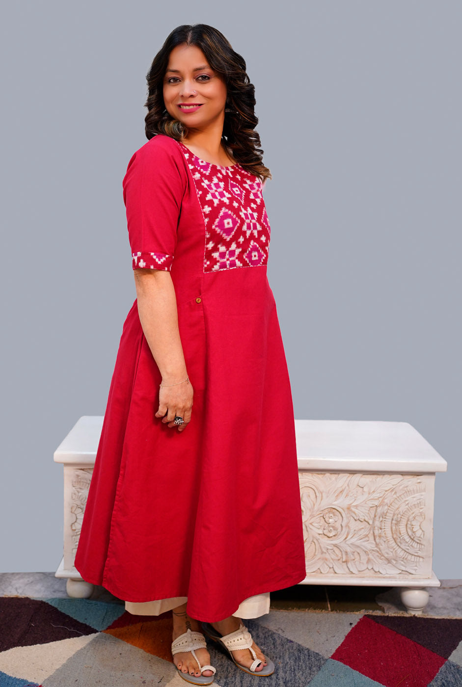 A Line Handloom Red Cotton Kurti With telia mull Yoke & Pockets