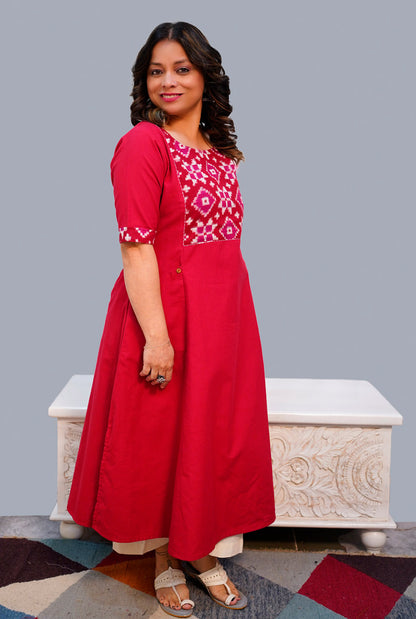 A Line Handloom Red Cotton Kurti With telia mull Yoke & Pockets
