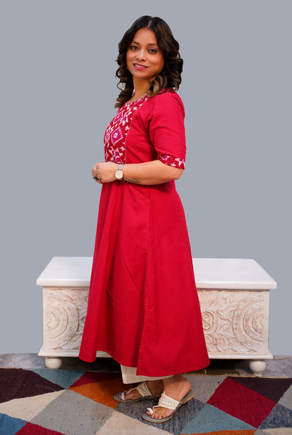 A Line Handloom Red Cotton Kurti With telia mull Yoke & Pockets