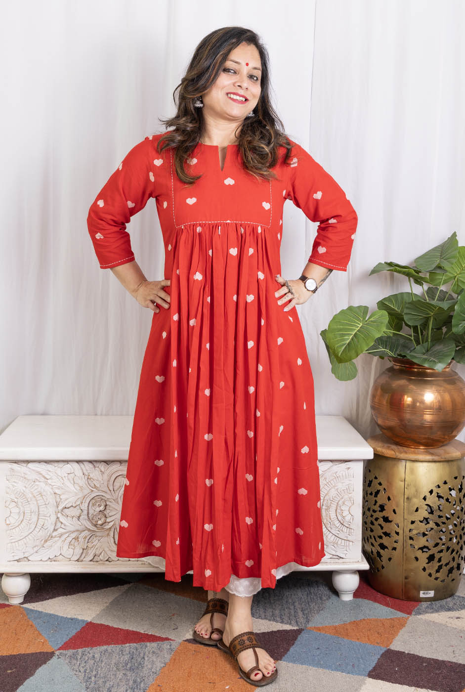 Red A-Line Kalidar Kurta with Gathers