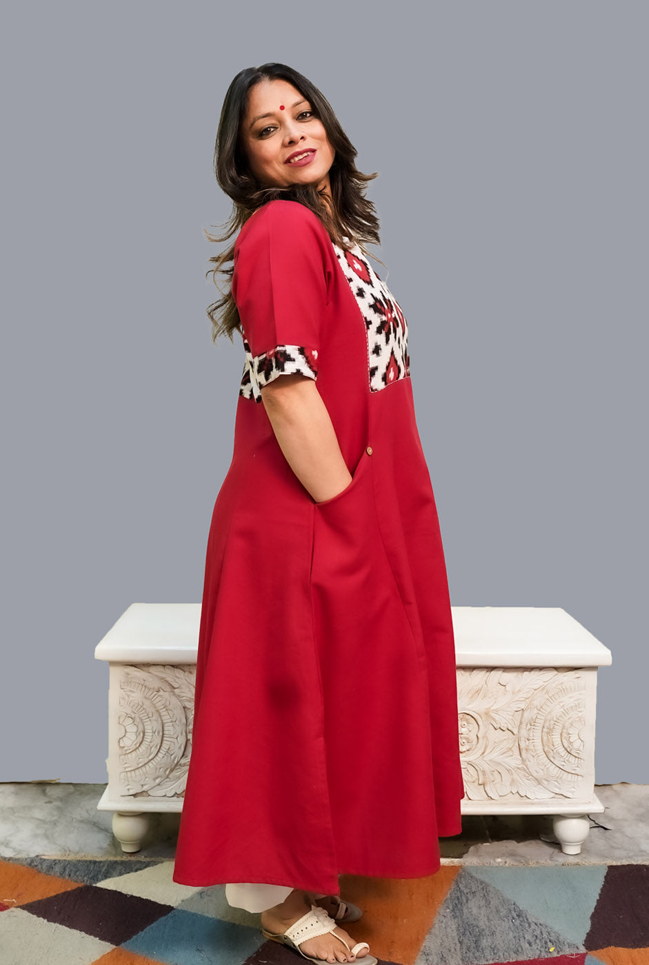 A-Line Red Handloom Cotton Kurti Cum Dress