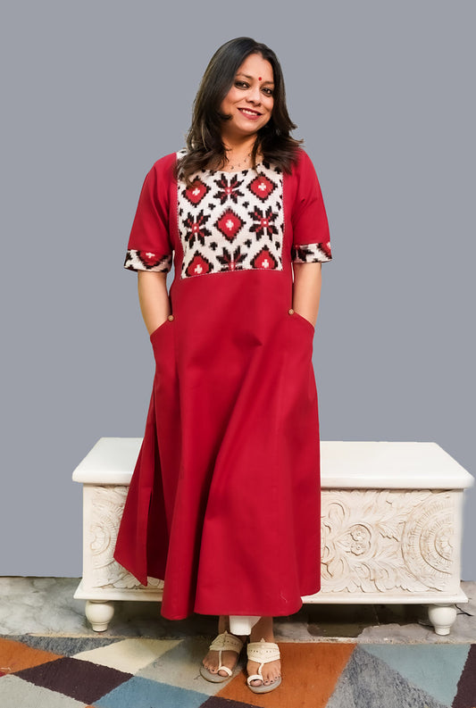 A-Line Red Handloom Cotton Kurti Cum Dress