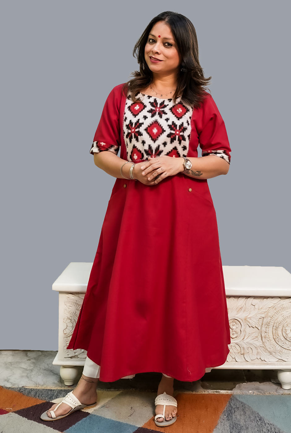 A-Line Red Handloom Cotton Kurti Cum Dress