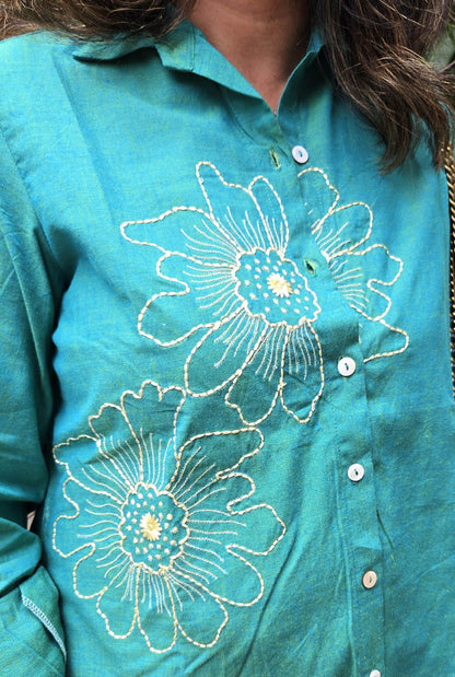 Phool Blue Embroidered Cotton Shirt
