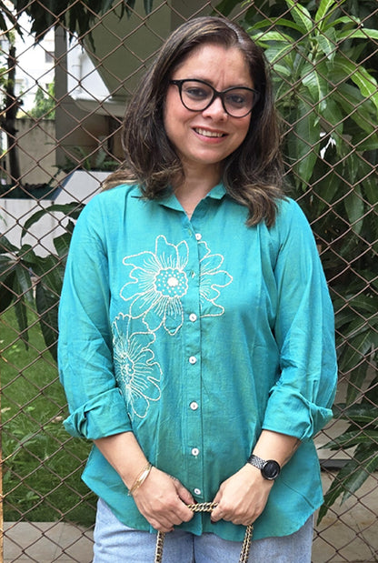 Phool Blue Embroidered Cotton Shirt