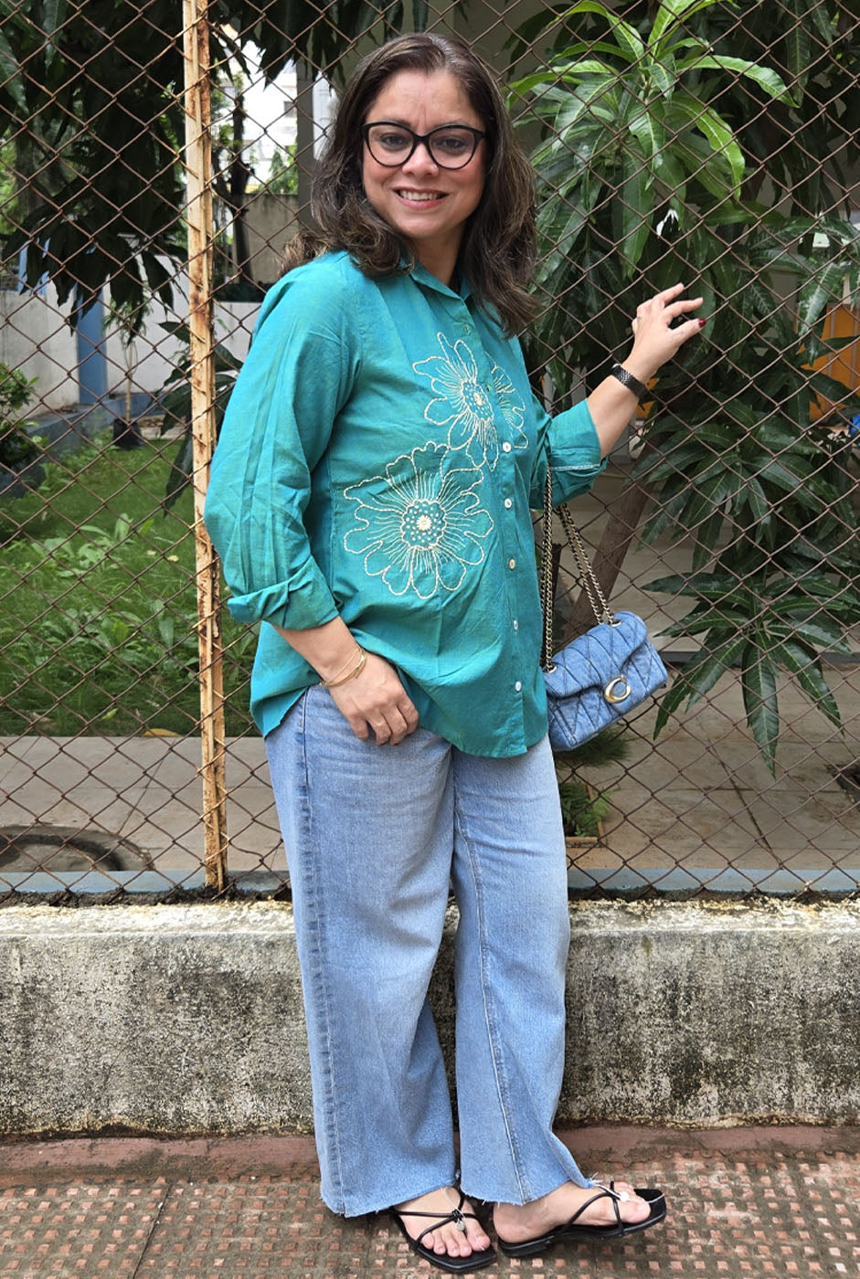 Phool Blue Embroidered Cotton Shirt