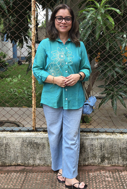 Phool Blue Embroidered Cotton Shirt