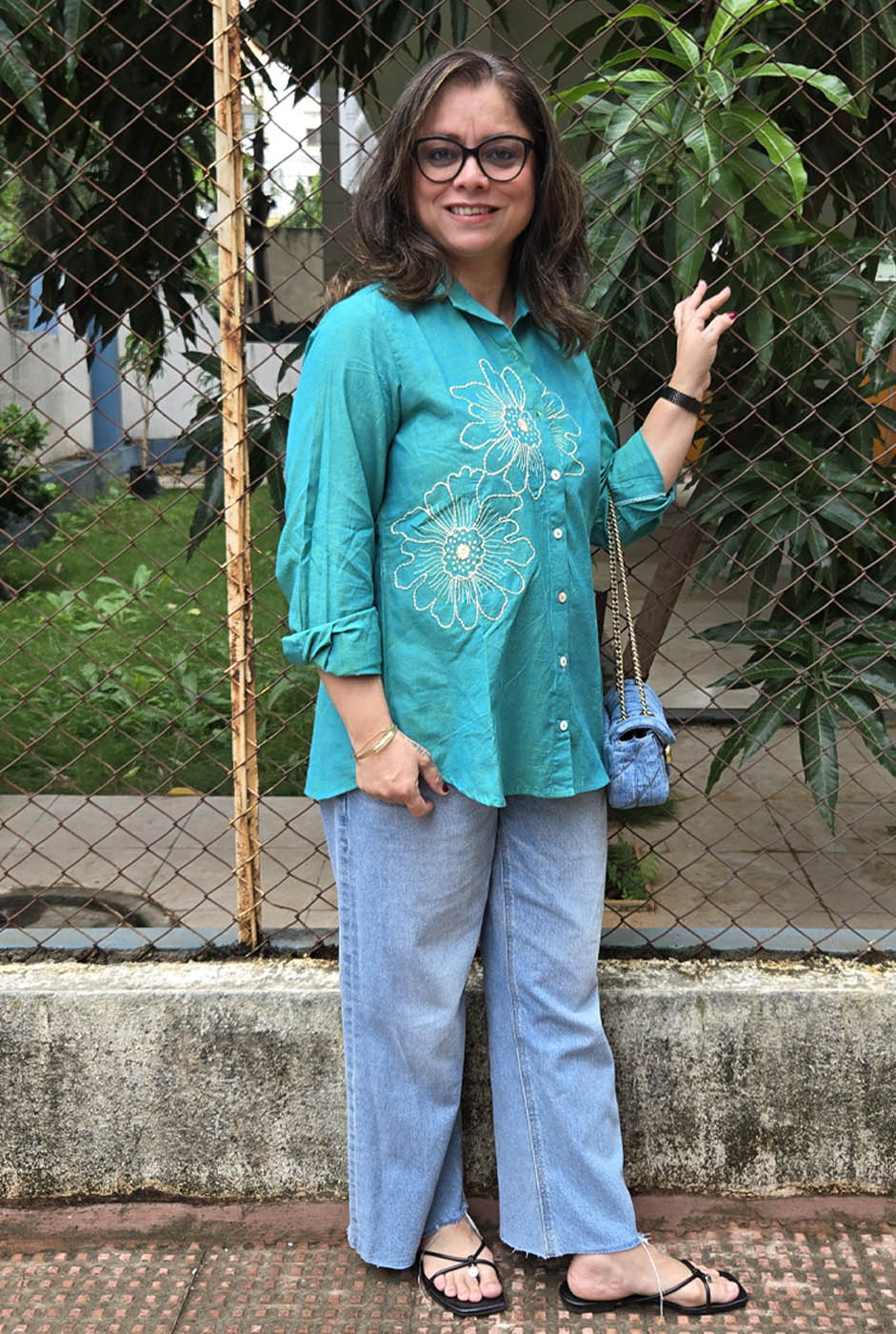 Phool Blue Embroidered Cotton Shirt