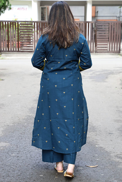 Nazakat Teal Blue Handloom Cotton Co-Ord Set