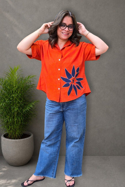 Rangoli – Orange Patchwork Handloom Cotton Shirt