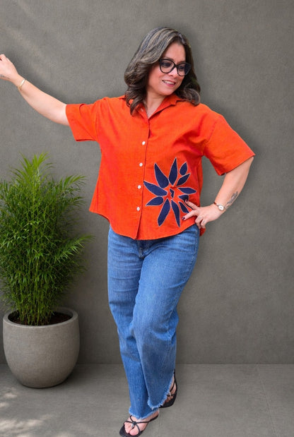 Rangoli – Orange Patchwork Handloom Cotton Shirt
