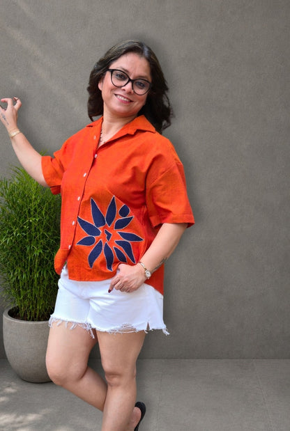 Rangoli – Orange Patchwork Handloom Cotton Shirt
