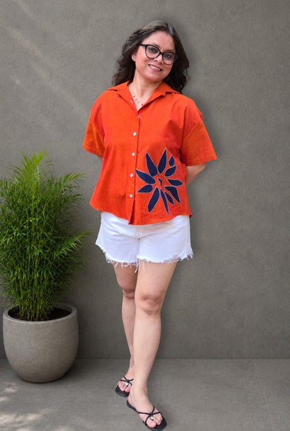 Rangoli – Orange Patchwork Handloom Cotton Shirt