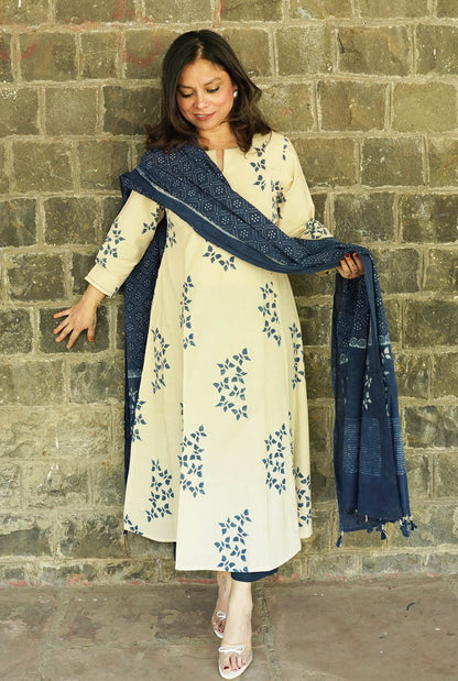 Alahi White Ajrakh A-Line Kalidar Kurta with Butterfly Block & Hand Kantha Work