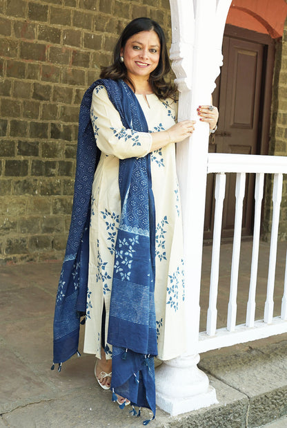 Alahi White Ajrakh A-Line Kalidar Kurta with Butterfly Block & Hand Kantha Work