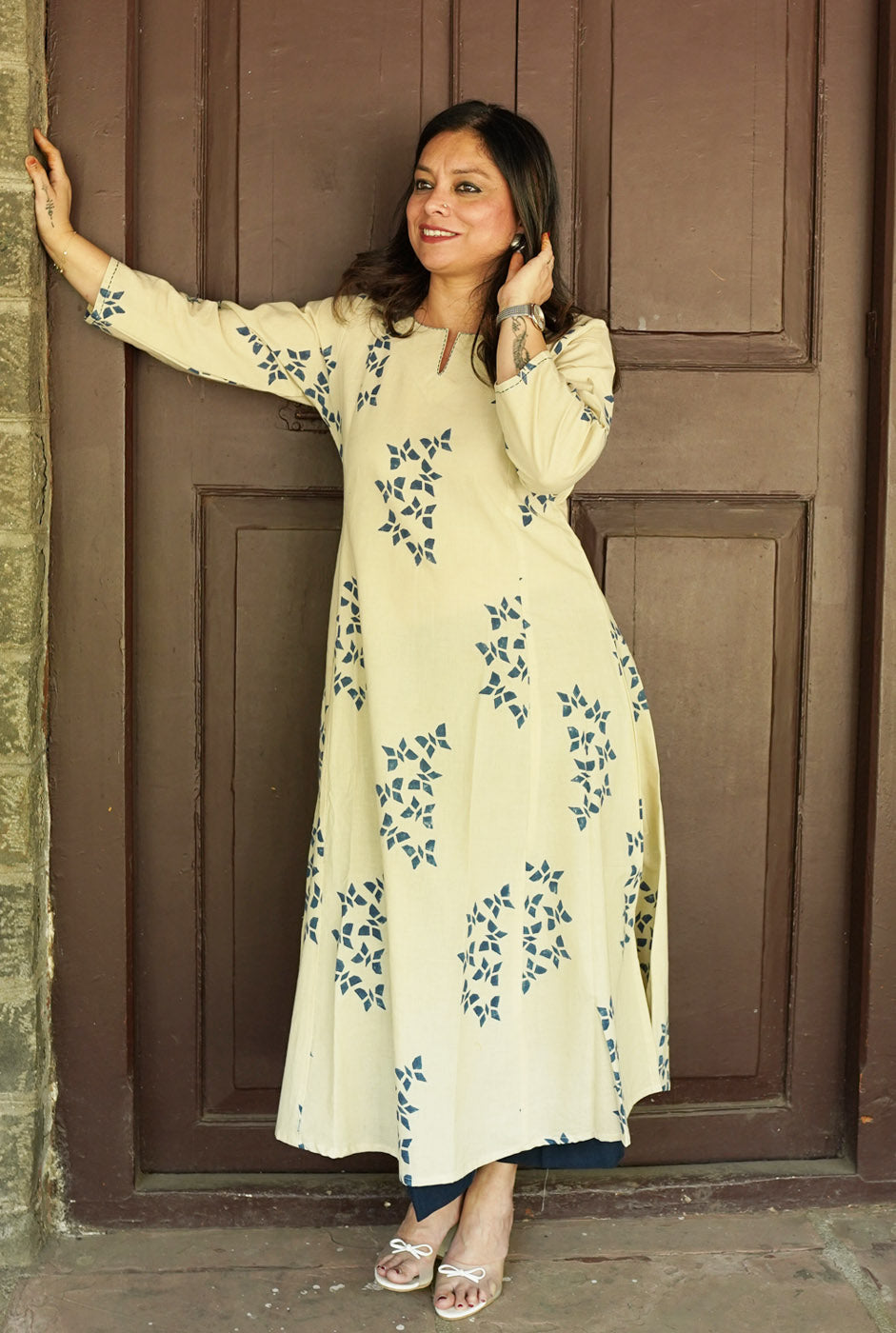 Alahi White Ajrakh A-Line Kalidar Kurta with Butterfly Block & Hand Kantha Work