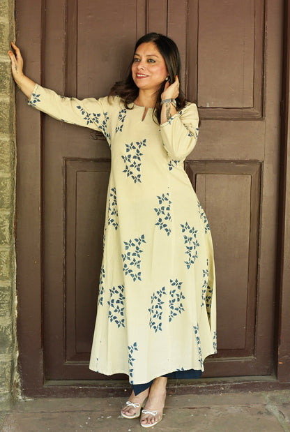 Alahi White Ajrakh A-Line Kalidar Kurta with Butterfly Block & Hand Kantha Work