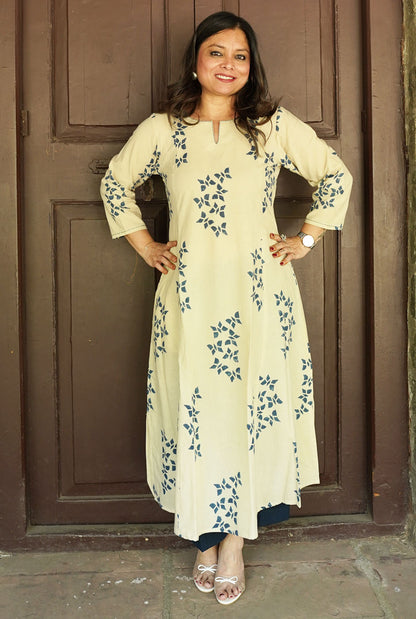 Alahi White Ajrakh A-Line Kalidar Kurta with Butterfly Block & Hand Kantha Work