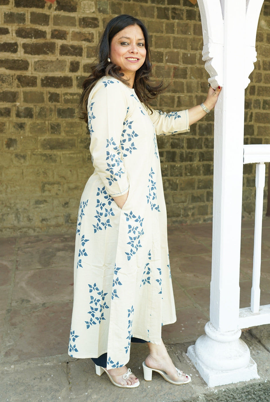 Alahi White Ajrakh A-Line Kalidar Kurta with Butterfly Block & Hand Kantha Work