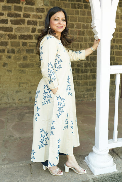 Alahi White Ajrakh A-Line Kalidar Kurta with Butterfly Block & Hand Kantha Work