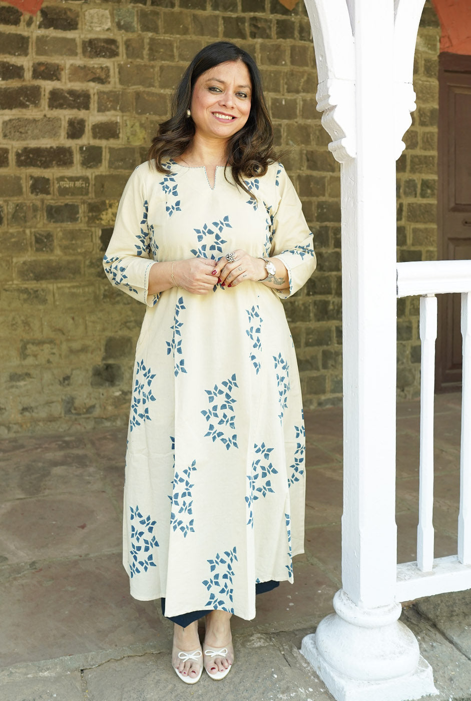 Alahi White Ajrakh A-Line Kalidar Kurta with Butterfly Block & Hand Kantha Work