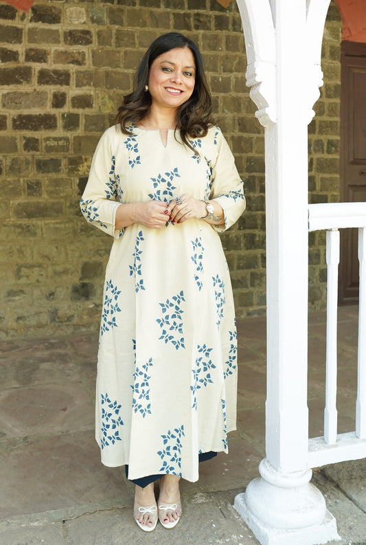 Alahi White Ajrakh A-Line Kalidar Kurta with Butterfly Block & Hand Kantha Work