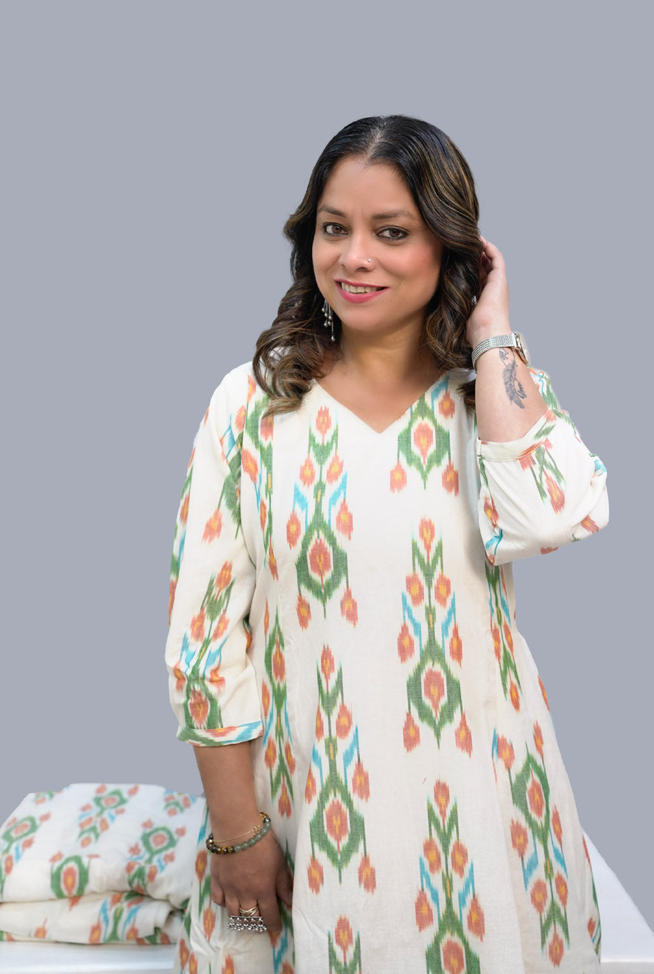 Designer Uzbek Ikat Calf-Length Dress with Lining and Pockets
