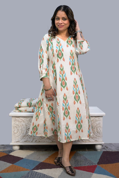 Designer Uzbek Ikat Calf-Length Dress with Lining and Pockets