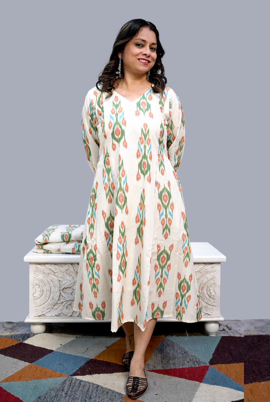 Designer Uzbek Ikat Calf-Length Dress with Lining and Pockets