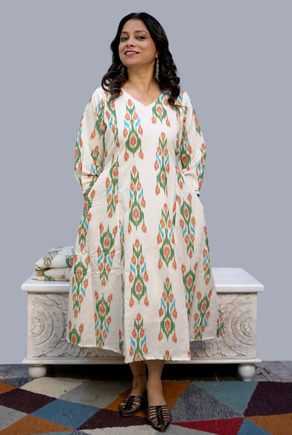 Designer Uzbek Ikat Calf-Length Dress with Lining and Pockets