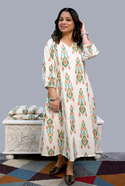 Designer Uzbek Ikat Calf-Length Dress with Lining and Pockets