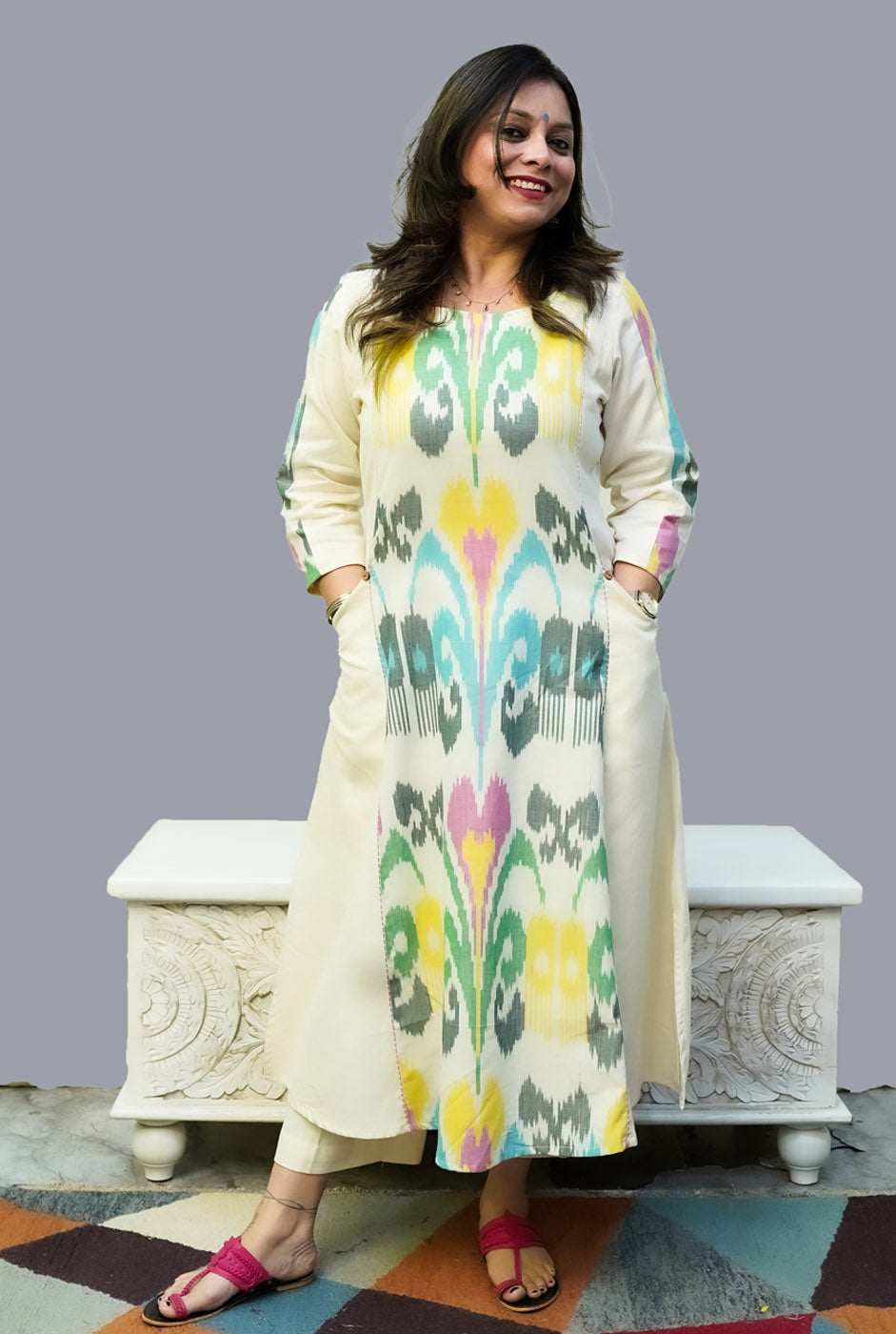Uzbek Ikat White Kurta with Pockets