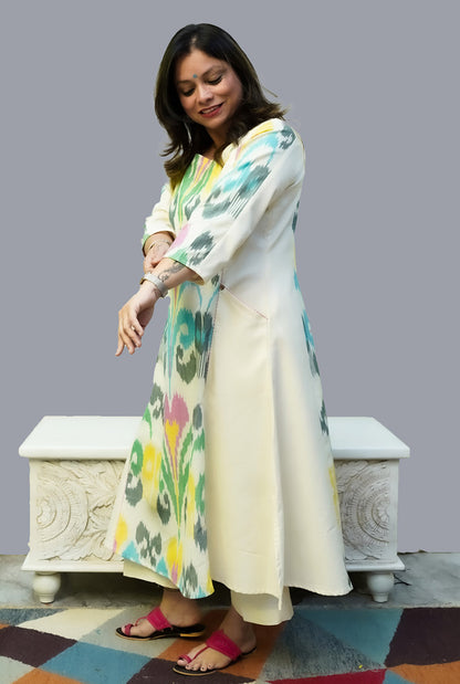 Uzbek Ikat White Kurta with Pockets