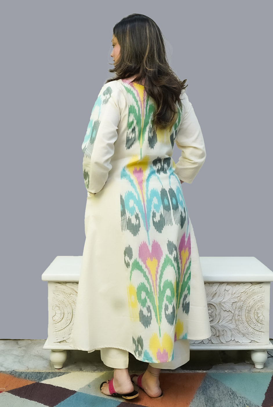 Uzbek Ikat White Kurta with Pockets