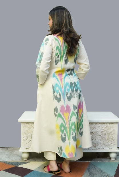 Uzbek Ikat White Kurta with Pockets