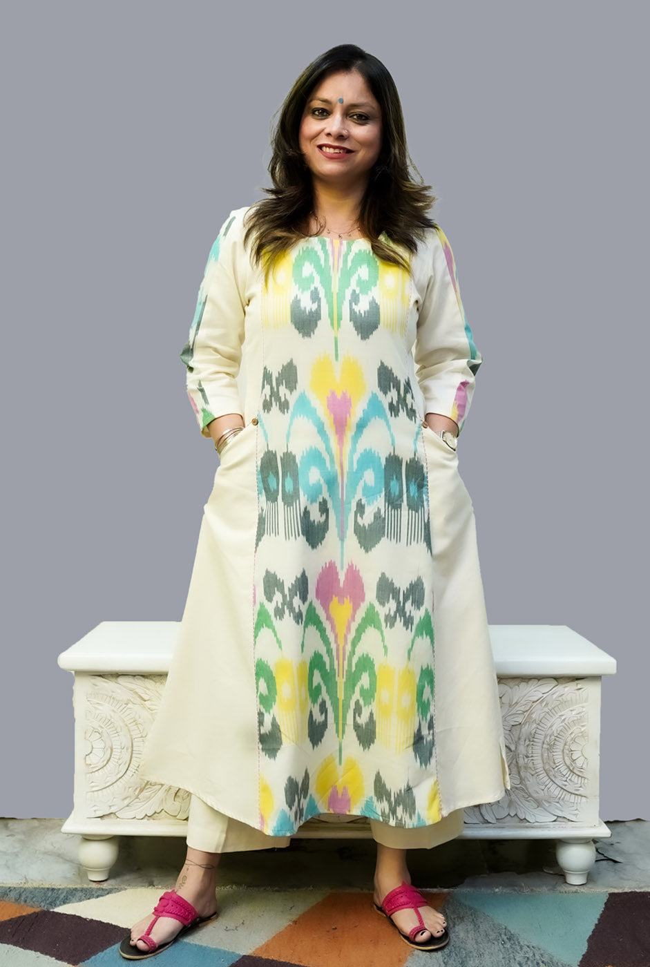 Uzbek Ikat White Kurta with Pockets
