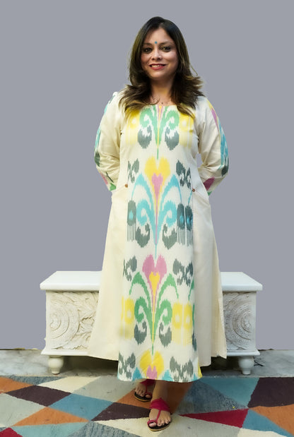 Uzbek Ikat White Kurta with Pockets