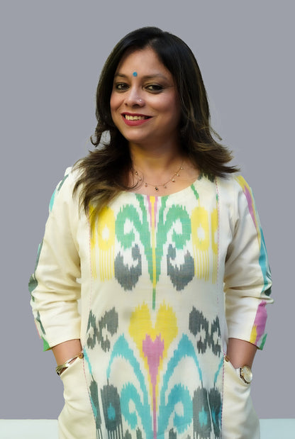 Uzbek Ikat White Kurta with Pockets