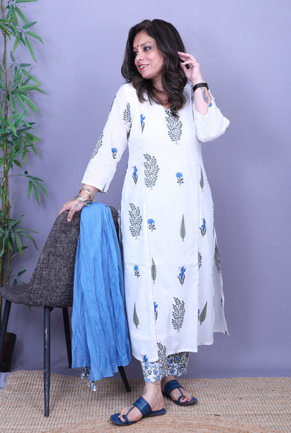 Set of 2 Firdaus Mughal Buta Hand Block Cotton Kurta Pant Set A