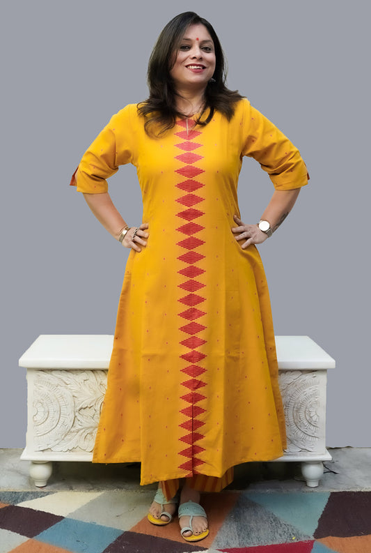 Nazakat Handloom Cotton Yellow Kurti Pant Set