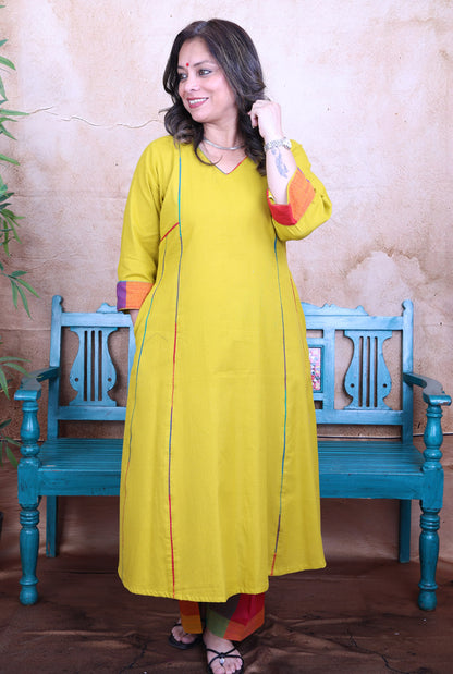 Kesar Yellow Ochre Handloom Cotton Kalidar Kurta