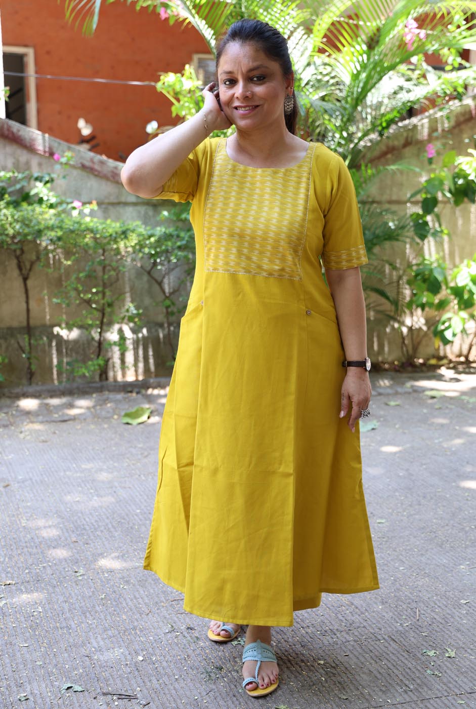 A Line Handloom Yellow Cotton Kurti With Ikat Yoke & Pockets