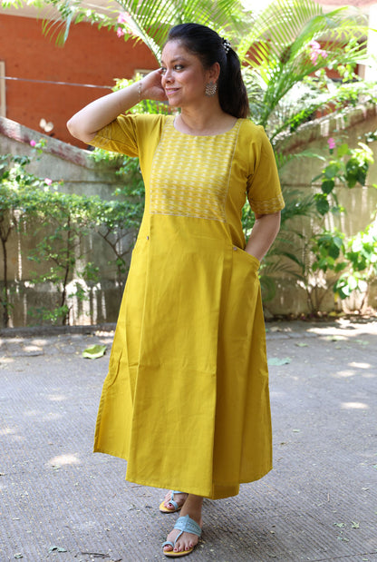 A Line Handloom Yellow Cotton Kurti With Ikat Yoke & Pockets