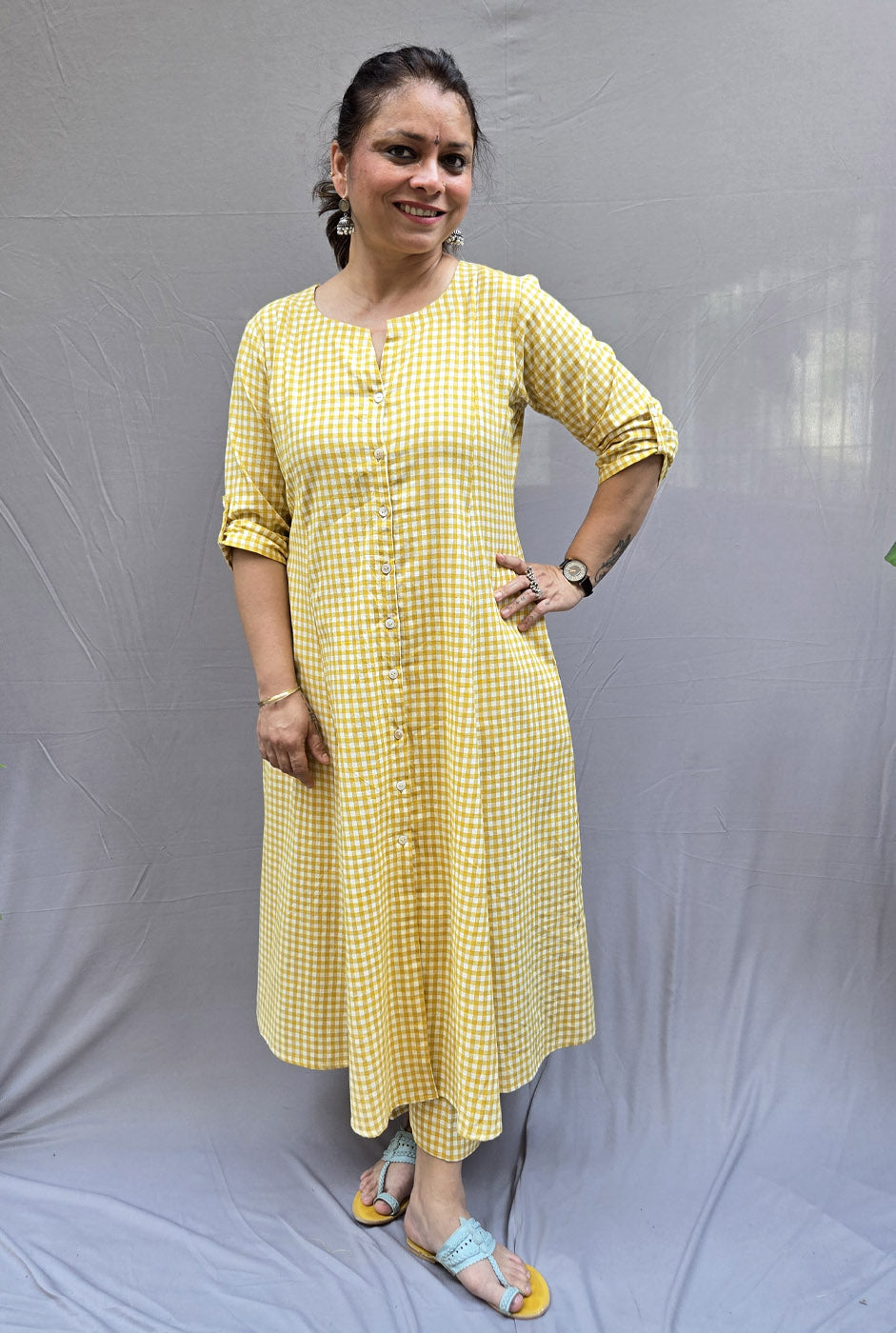 Set of 2 Chaukat – Handwoven Cotton Checks Co-ord Set Yellow