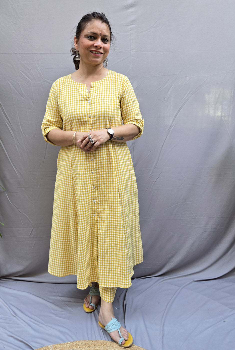 Set of 2 Chaukat – Handwoven Cotton Checks Co-ord Set Yellow